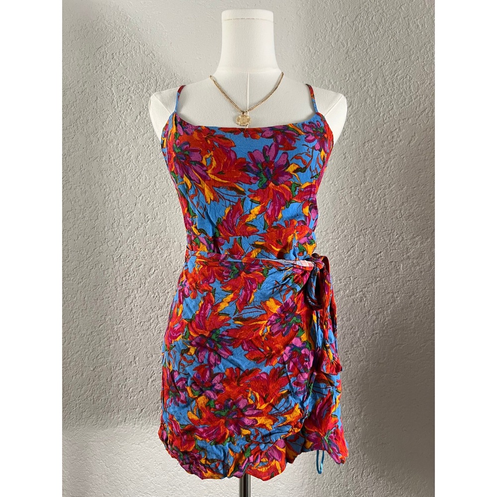 Vibrant Floral Hydra Springs Mini Dress Faux Wrap Tie Waist Adjustable CamiStrap